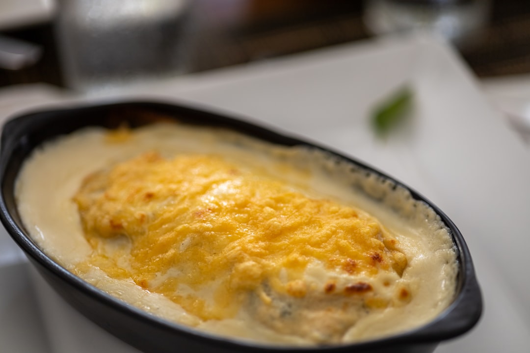 a close up of a casserole dish on a table