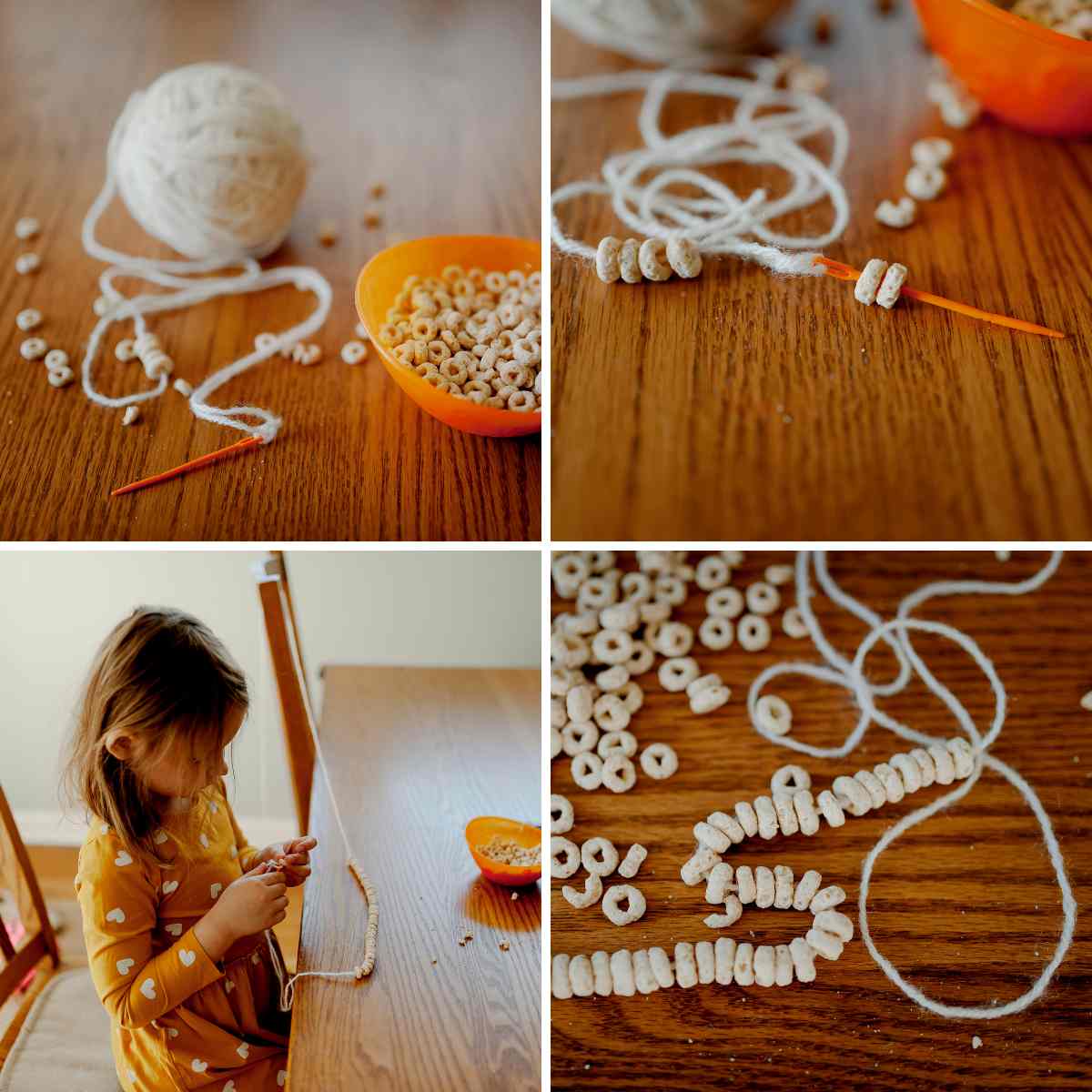 Four images in a grid, of child threading hooped cereal onto a piece of wool using a plastic sewing needle, with one image showing a girl in an orange dress working on the project and the others just showing the needle, wool and cereal. This is part of a blog about different ways to make bird feeders with kids
