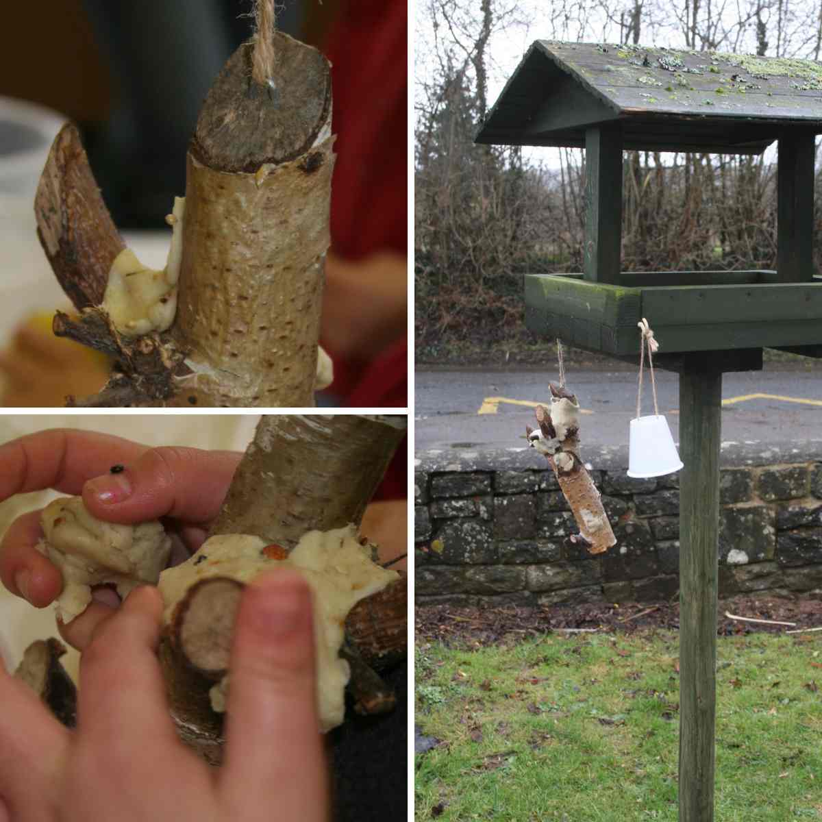 Three images in a grid of dough branch bird feeders, two of them showing fatty dough being pushed into the crevices and holes on a piece of branch, and one showing a feeder hanging off a bird table by string. This is part of a blog about different ways to make bird feeders with kids