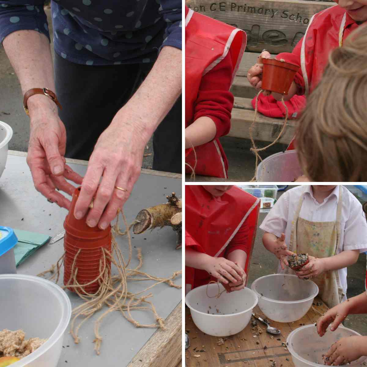 Three images in a grid of an activity making plant pot bird feeders, one shows an adult’s hands sharing out plant pots with string attached, and two images show children’s hands pressing fat and seeds into the plant pots. This is part of a blog about different ways to make bird feeders with kids