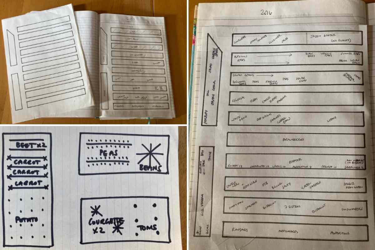Image of some garden drawings, one is from a large allotment style garden with long beds, and another is from a small garden with three raised beds, they are just simple line drawings, this is part of a blog about ordering seeds with kids