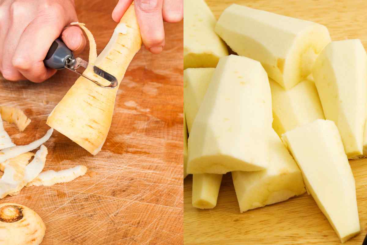 Two images, one of a child's hands peeling parsnips carefully onto a chopping board, and one picture of a pile of similar sized peeled and cut parsnip chunks, as part of a blog about making a parsnip croquettes recipe with kids