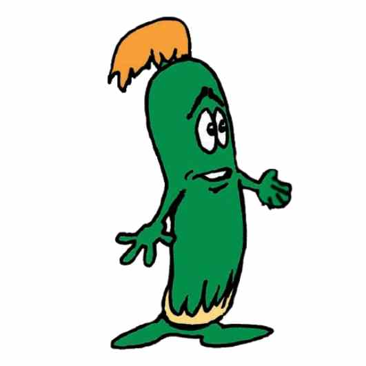 A cartoon image of the Courgette character from The Foodies, looking confused with arms outstretched.
