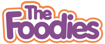 Logo for The Foodies Books company, purple white and orange bubble lettering