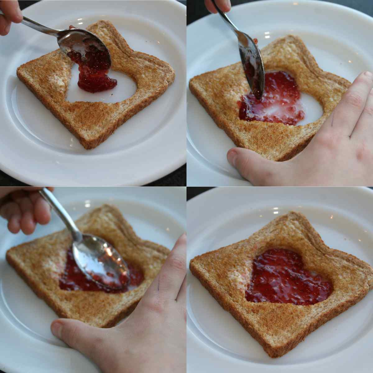 Grid of four images of a child's hand dolloping and spreading jam into a heart shaped cut out of some toast, onto a white plate to fill the hole, as part of a blog about a Valentine's recipe for kids to make independently called Love Toast.
