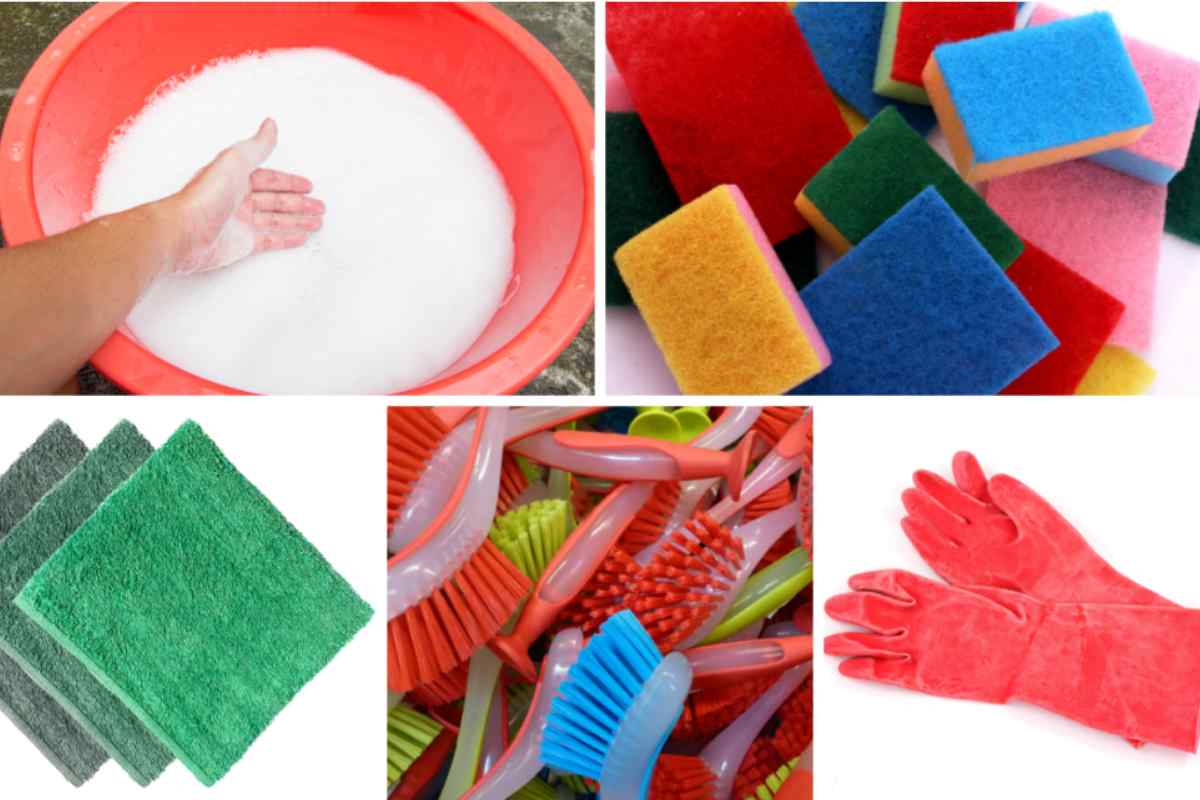 Five images of cleaning equipment, including a bowl of washing up suds, some scratchy pads and sponges, brushes and rubber gloves, this is part of a blog about washing plant pots with kids