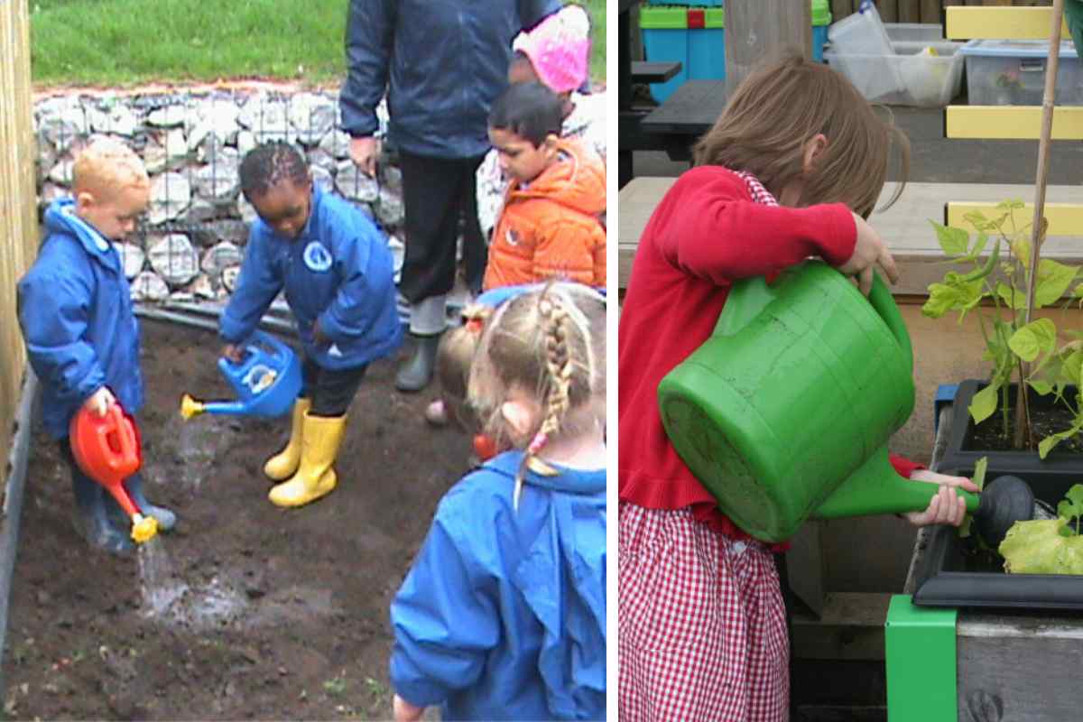 Two images of children watering plants, one is of a group of children at a nursery garden watering a muddy floor, the other is of a girl at school watering a container, as part of a blog about watering plants with children