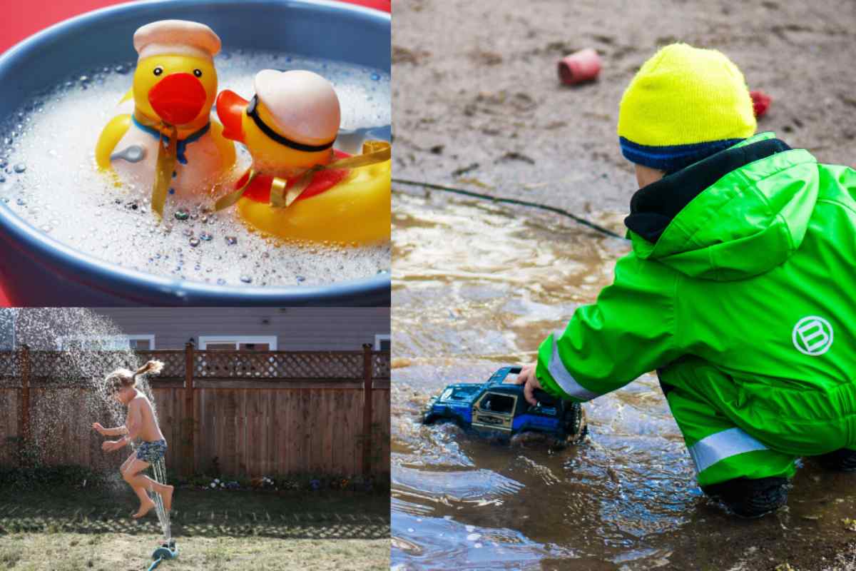 Three images of playing in water including some rubber ducks in a bowl a child running through a sprinkler and a child splashing a toy car in a puddle, as part of a blog about watering plants with children