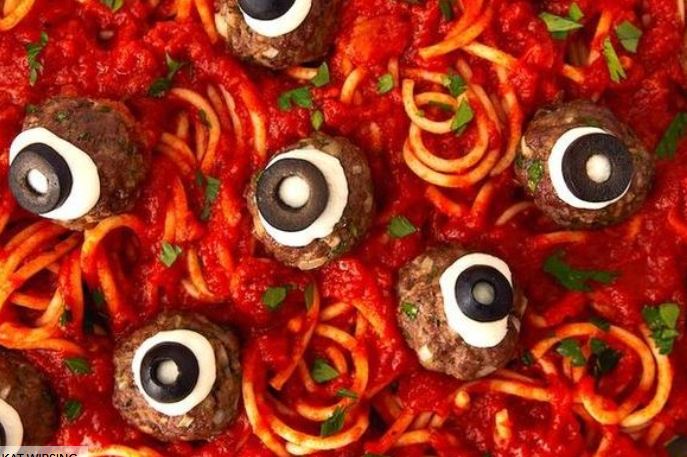 novelty food image of pasta and meatballs that look like eyeballs from Delish