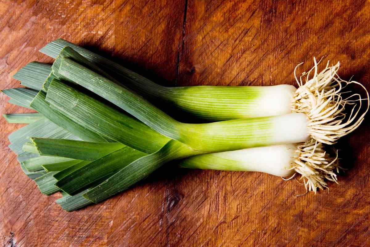 Image of three raw fresh leeks on a chopping board with tops and tails still on, this is part of a blog about making a leek and cheese pasta recipe with kids