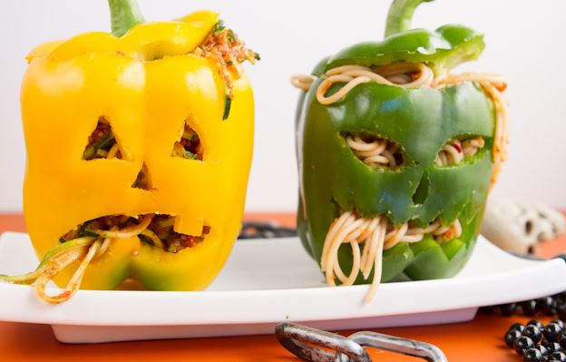 novelty food peppers cut like jack o'lanterns with spaghetti inside from Healthful Pursuit